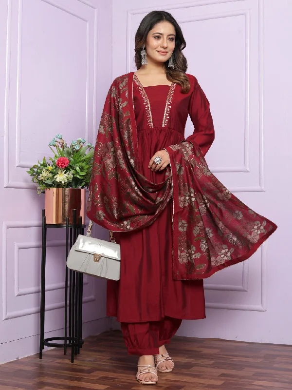 Maroon Trendy Designer Readymade Pant Suit With Embroidery Work Soft Sweatpants Style