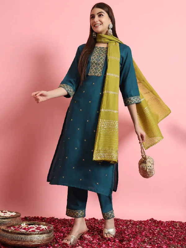 Teal Premium Designer Pant Suit With Embroidery Work Cozy Knit Pants
