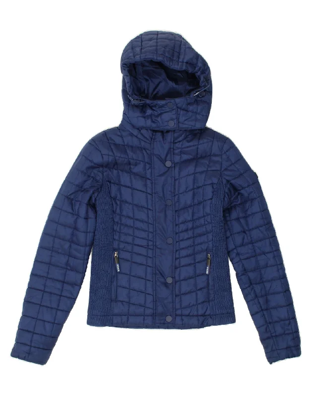 SUPERDRY Womens Hooded Padded Jacket UK 4 XS Navy Blue Polyester Boat Neck Shawl Collar Notched Collar