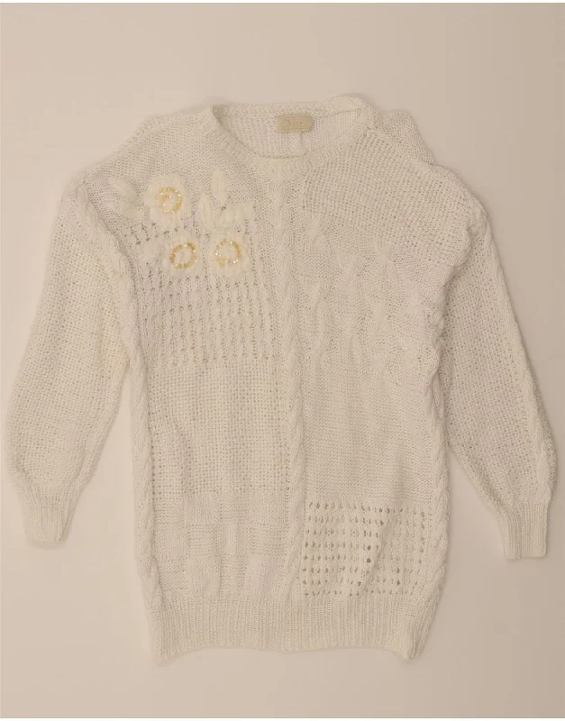 VINTAGE Womens Crew Neck Jumper Sweater UK 16 Large White Iron Safe Non-Iron Wrinkle Free
