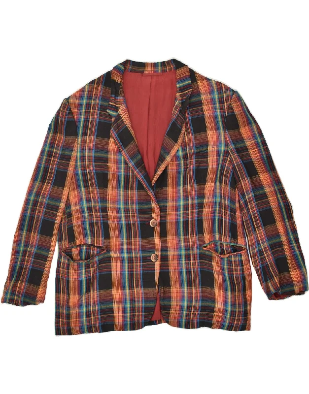 VINTAGE Womens 2 Button Blazer Jacket UK 14 Large Brown Check Hooded Jacket Caped Jacket Shawl Collar Jacket