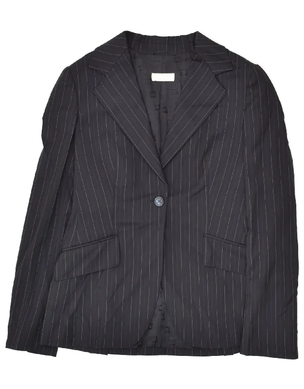 MASSIMO DUTTI Womens 1 Button Blazer Jacket EU 40 Medium Black Striped Wool Fabric Cashmere Fabric Tweed Fabric
