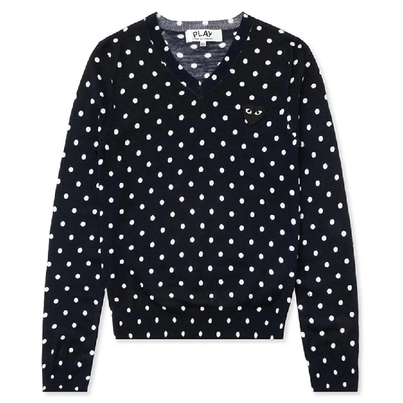 Womens Polka Dot Sweater - Navy Toggled Drawstring Belted