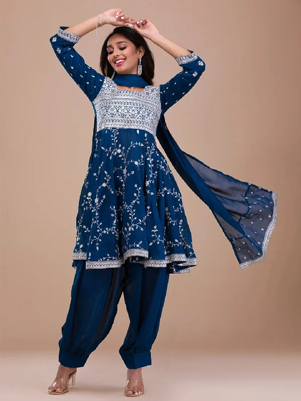 Teal Traditional Readymade Pakistani Pant Suit With Sequence Embroidery Work Comfy Cargo Trousers