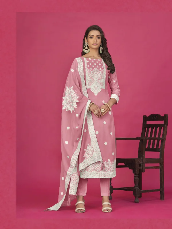 Pink Designer Readymade Organza Pant Suit With Wevon Design Baadla Work Chic Black Leggings
