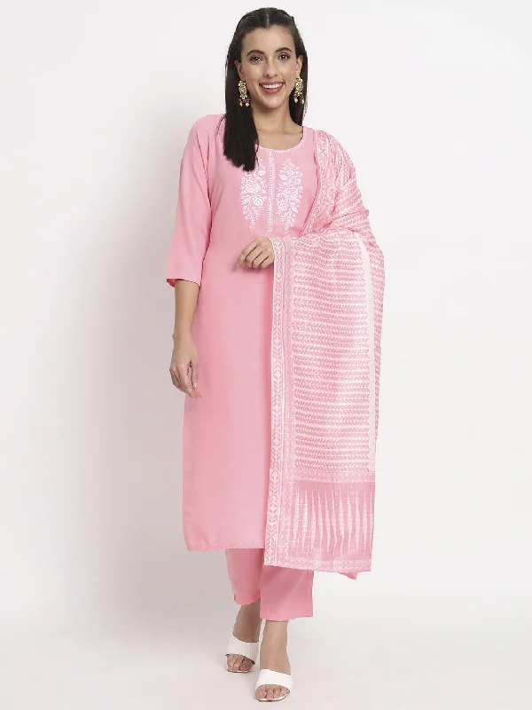 Pink Designer Readymade Pant Suit With Printed Work Slim-Fit Khaki Pants