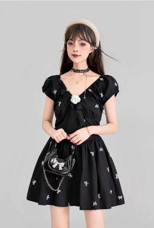 French Floral Bow Embroidered Black Puff Sleeves V-neck Princess Dress KEI0119 Tunics Mesh breathable