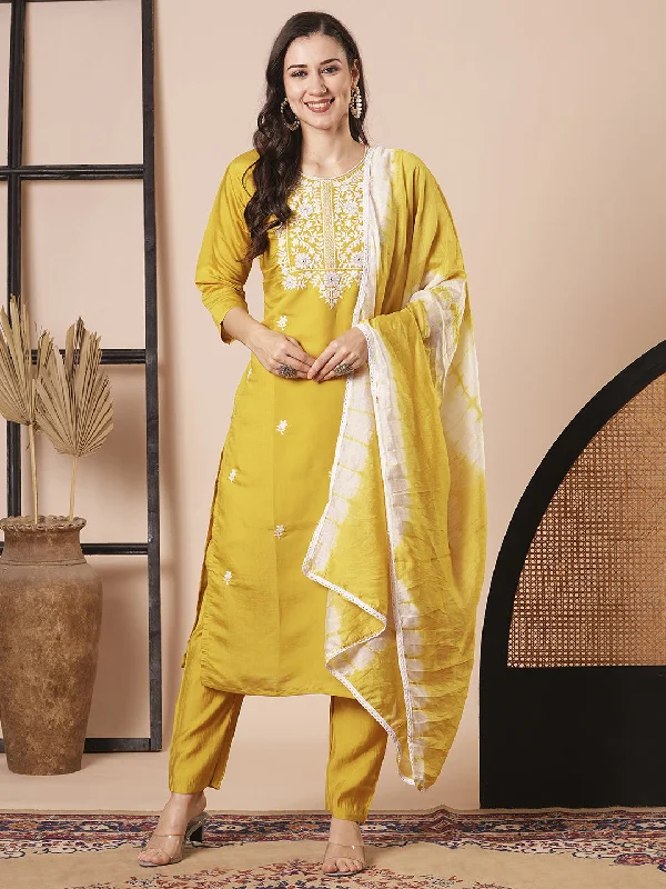 Mustard Designer Readymade Pant Suit With Embroidery Work Comfy High-Waist Jeans