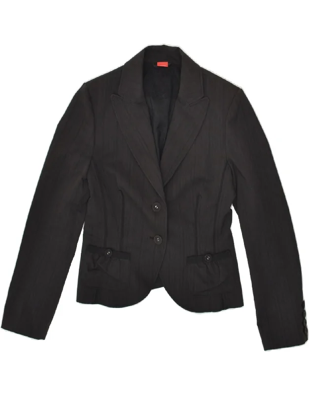 ESPRIT Womens 2 Button Blazer Jacket UK 16 Large Black Striped Cotton Zippered Front Buttoned Front Snap Front