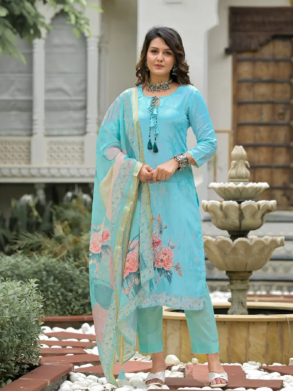Blue Designer Readymade Linen Pant Suit With Digital Printed Work Comfy High-Waist Jeans