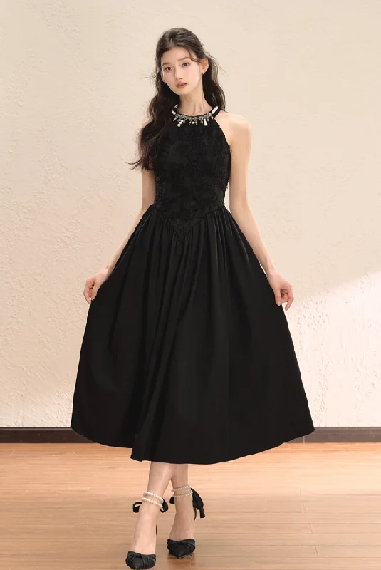 Pearl Halter Neck Black Elegance Long Dress OSH0047 Floral Print girly