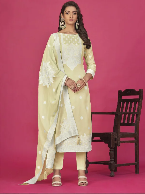 Beige Designer Readymade Organza Pant Suit With Wevon Design Baadla Work Modern Skinny Pants