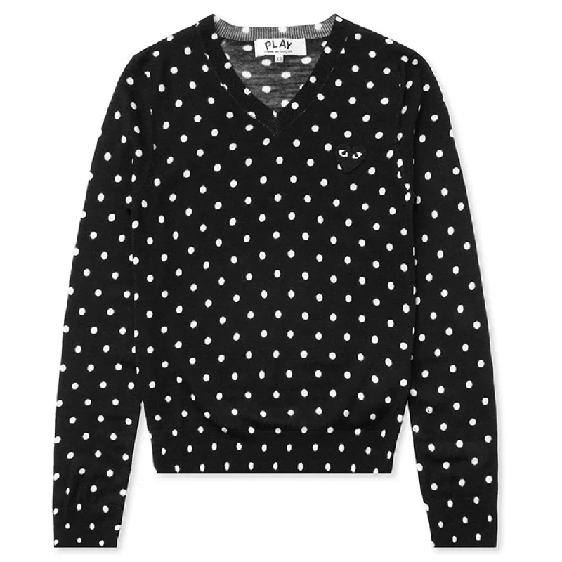 Womens Polka Dot Sweater - Black Zippered Buttoned Snapped