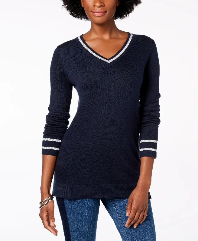 Charter Club Petite Striped Trim Sweater Welt Pockets Slit Pockets Flap Pockets