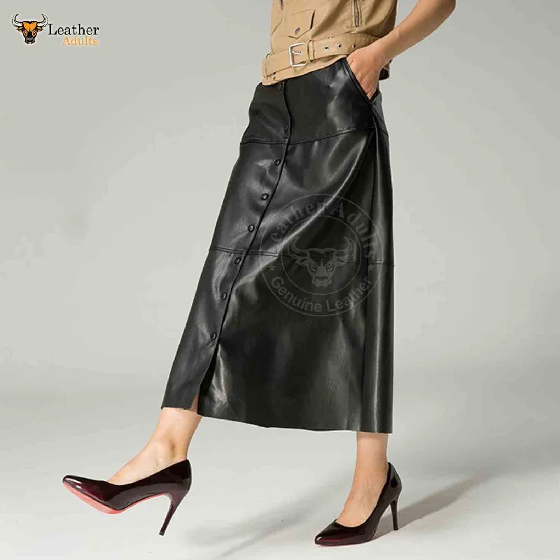 Womens Real Lambskin Leather Black Long Maxi Skirt Vintage Button Pocket Maxi Skirt corduroy skirt comfortable