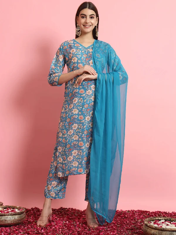 Blue Premium Designer Pant Suit With Embroidery Work Modern Bootcut Pants