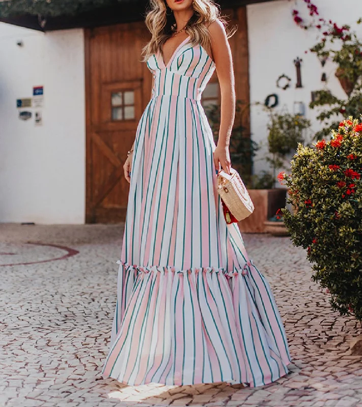 V-neck Stripe Sleeveless Long Dress Tunics Trendy modern
