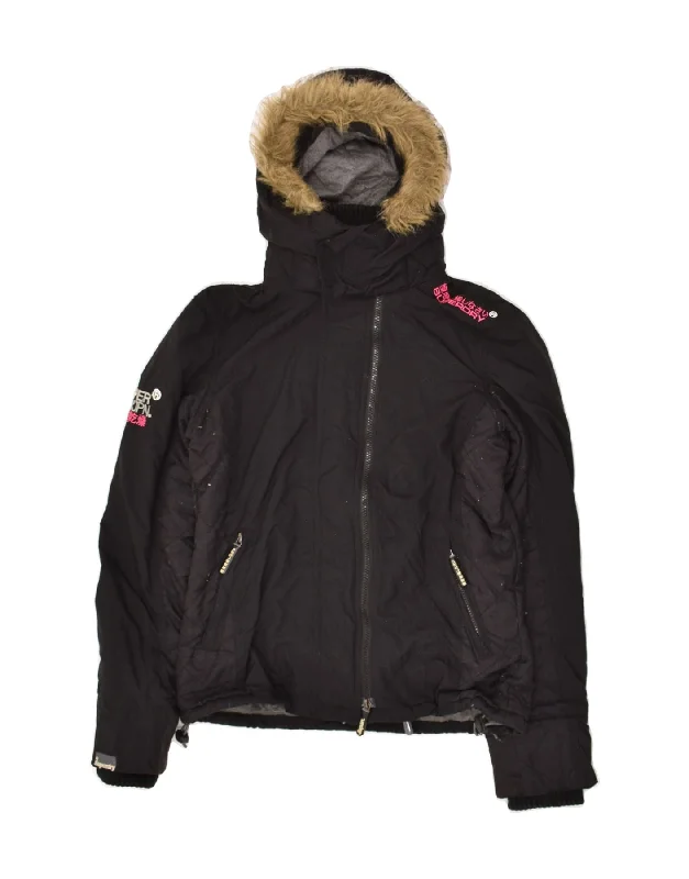 SUPERDRY Womens Hooded Windbreaker Jacket UK 14  Medium Black Nylon Mesh Jacket Canvas Jacket Denim Jacket