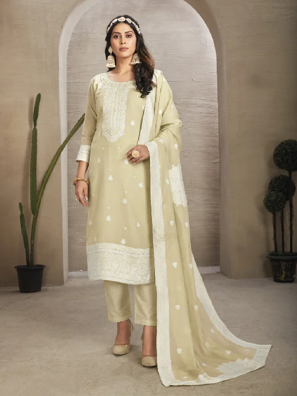 Beige Readymade Organza Pant Suit With Wevon Designer Hand Work Comfortable Denim Trousers
