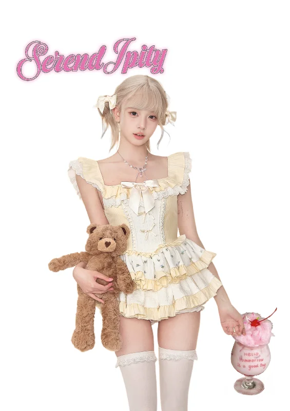 Ruffle Collar Layered Sweet Pastel Yellow Dress & Petticoat Shorts SER0064 Tunics Evening elegant