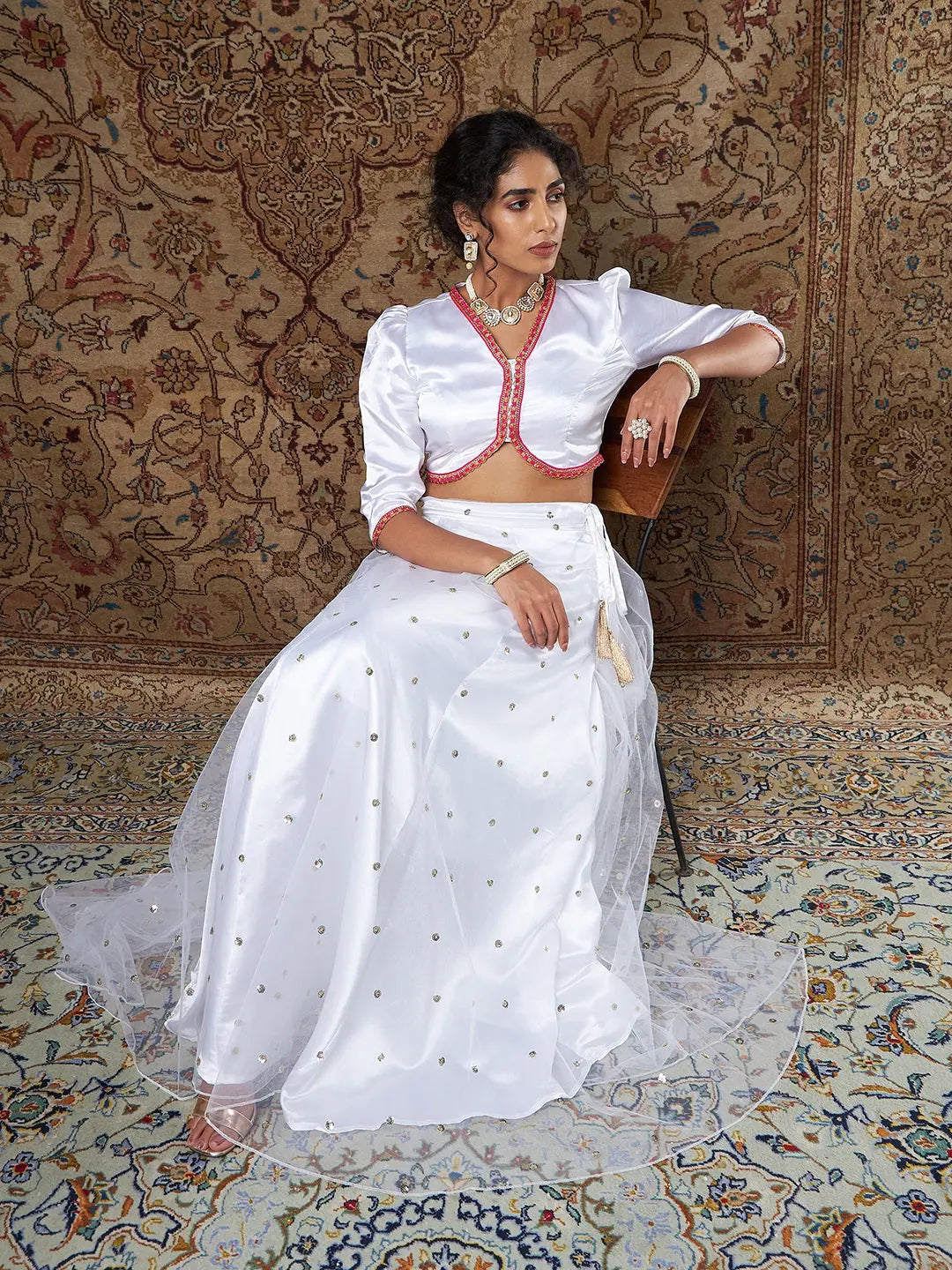 Women White Satin Top With Tulle Aanrkali Skirt denim skirt durable