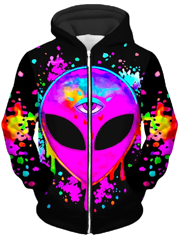 Splatter Alien Pink Unisex Zip-Up Hoodie Hoodie with Exposed Zipper Edgy Industrial