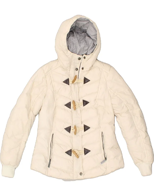PLAYLIFE Womens Hooded Padded Jacket UK 6 XS Off White Polyester Mesh Jacket Canvas Jacket Denim Jacket