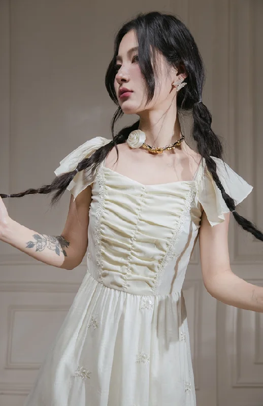 Flared Sleeve Hem Ruffle Lace Gathered Long Dress COT0113 Tunics Cozy comfortable