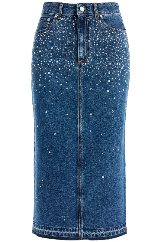 "denim midi skirt with rhin FABX3826 F4380 BLUE lace skirt intricate
