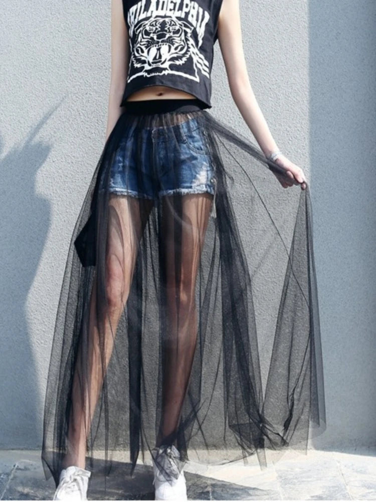 Long Lace Skirt Women Black White Mesh Voile Casual Skirts Low Waist Bohemian Sexy Transparent Maxi Wear lace skirt feminine