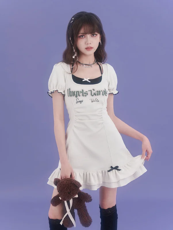 Off-white Strappy Halterneck Short-sleeved Dress SAG0143 Tunics Fleece cozy