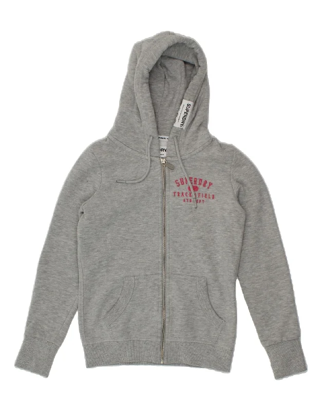 SUPERDRY Womens Zip Hoodie Sweater UK 8 Small Grey Cotton Hooded Sweater Collared Sweater Shawl Collar