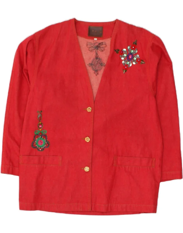 VINTAGE Womens Loose Fit 3 Button Blazer Jacket UK 14 Medium Red Floral Cardigan Sweater Pullover