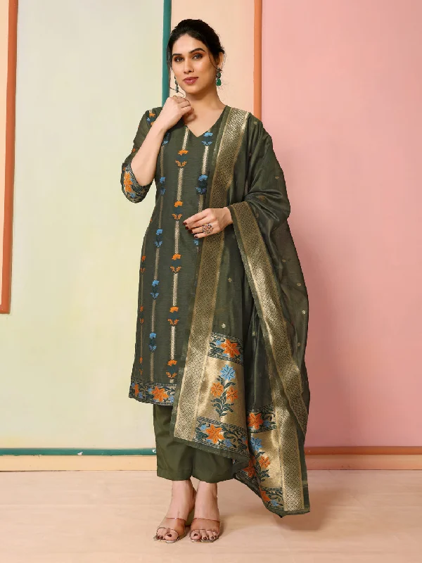 Mahendi Designer Readymade Chanderi Pant Suit With Wevon Jacquard Designer Comfortable Jogging Pants