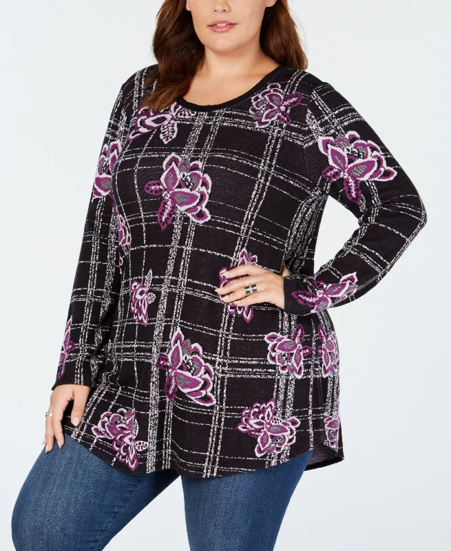 Style & Co Plus Size Floral Jacquard Sweater Turtle Neck Boat Neck Asymmetrical Neck