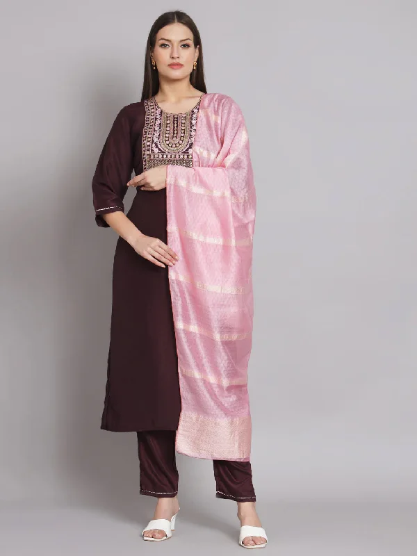 Purple Trendy Elementary Designer Readymade Pant Suit With Embroidery Work Modern Stretch Trousers
