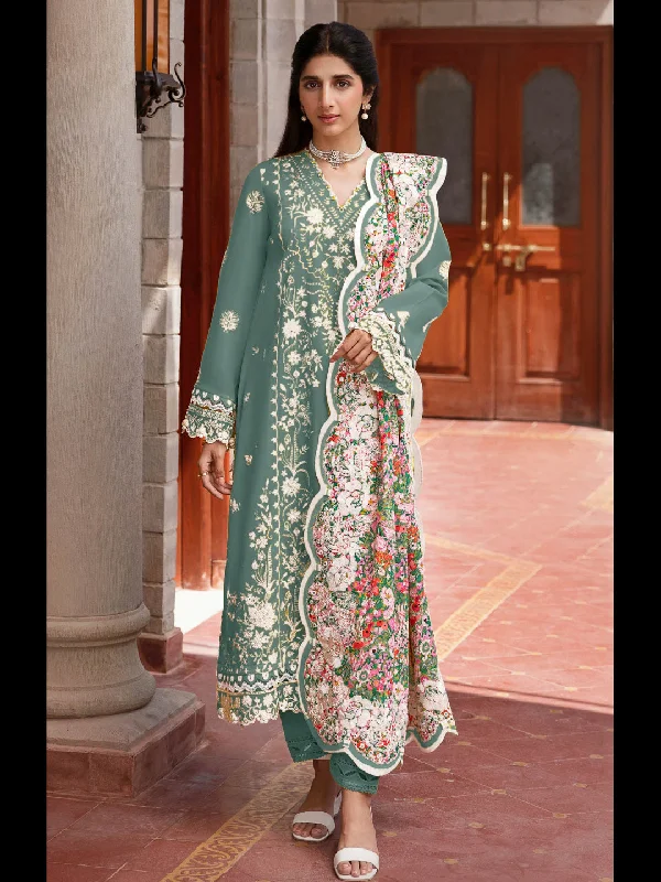 Mint Green Traditional Designer Semi-Stitched Pant Suit With Embroidery Work Slim Fit Casual Pants