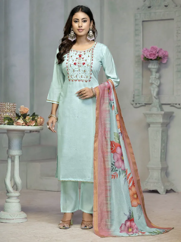 Blue Designer Readymade Pant Suit With Printed Embroidery Work Formal Slim Pants