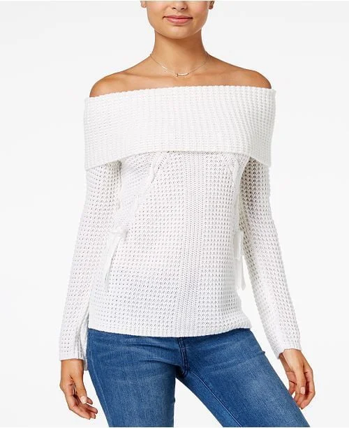 Juniors' Lace-Up Off-The-Shoulder Sweater Zippered Front Buttoned Front Snap Front