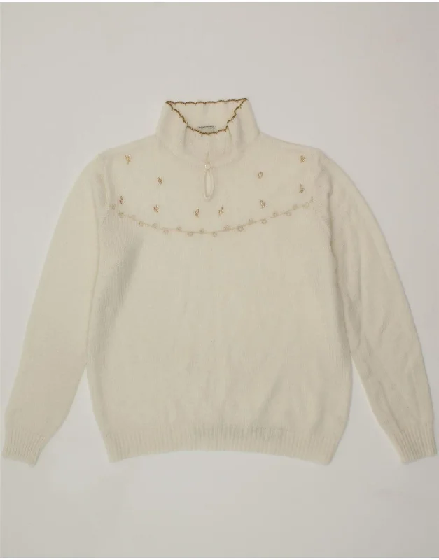 VINTAGE Womens Turtle Neck Jumper Sweater UK 14 Medium White Cable Knit Ribbed Knit Lace Knit