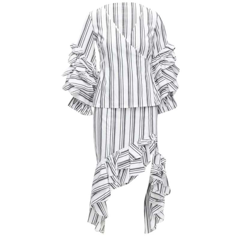 Caroline Constas ruffled stripes wrap top high low skirt set corduroy skirt comfortable