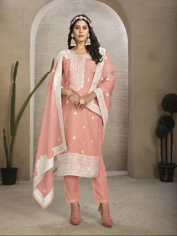 Peach Readymade Organza Pant Suit With Wevon Designer Hand Work Formal Wide-Leg Pants