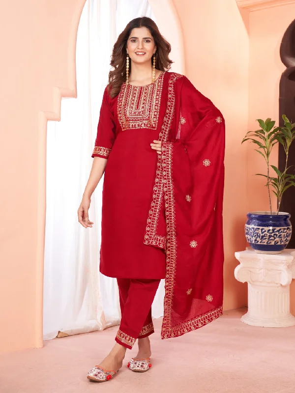 Maroon Attractive Readymade Pant Suit Designer Embroidery Work Soft Stretch Trousers