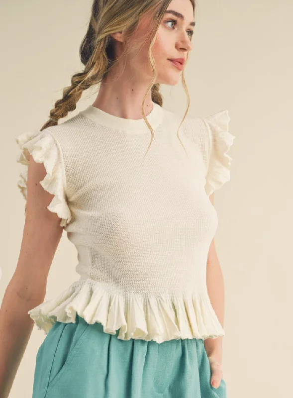 Flutter Sleeve Sweater Top Spandex Rayon Corduroy