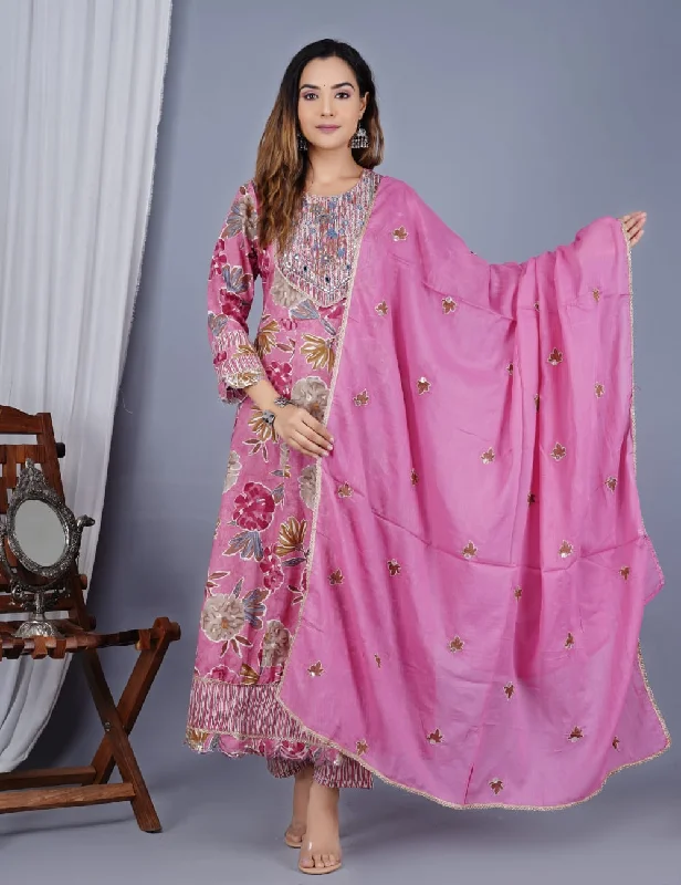 Pink Designer Readymade Cotton Pant Suit With Designer Printed Embroidery Work Trendy High-Waist Trousers