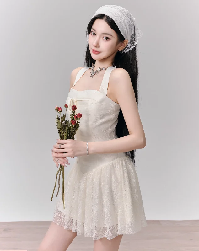 Flowers Lace Splicing Wide Shoulder Suspender Dress FRA0150 Pencil Office Professional