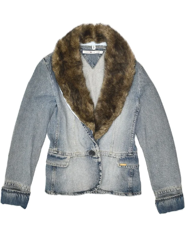 TOMMY HILFIGER Womens Denim 1 Button Blazer Jacket US 4 Small Blue Cotton Embroidered Jacket Appliqued Jacket Beaded Jacket