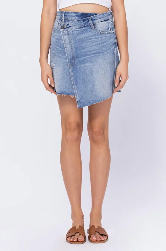 Peyton High Rise Slanted Mini Skirt In Medium Wash velvet skirt plush