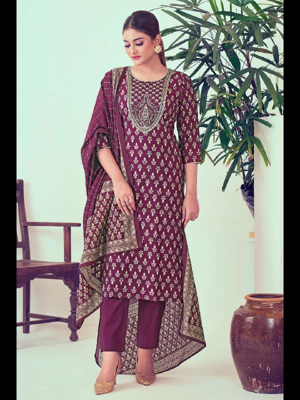 Wine Designer Readymade Pant Suit With Printed Embroidery Work Soft Wool Pants