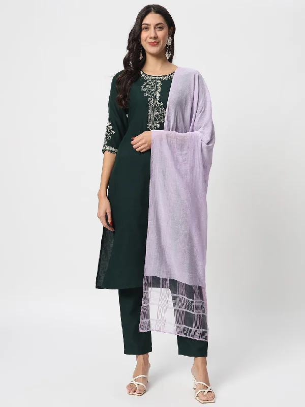 Bottle Green Designer Readymade Pant Suit With Embroidery Work Formal Linen Trousers
